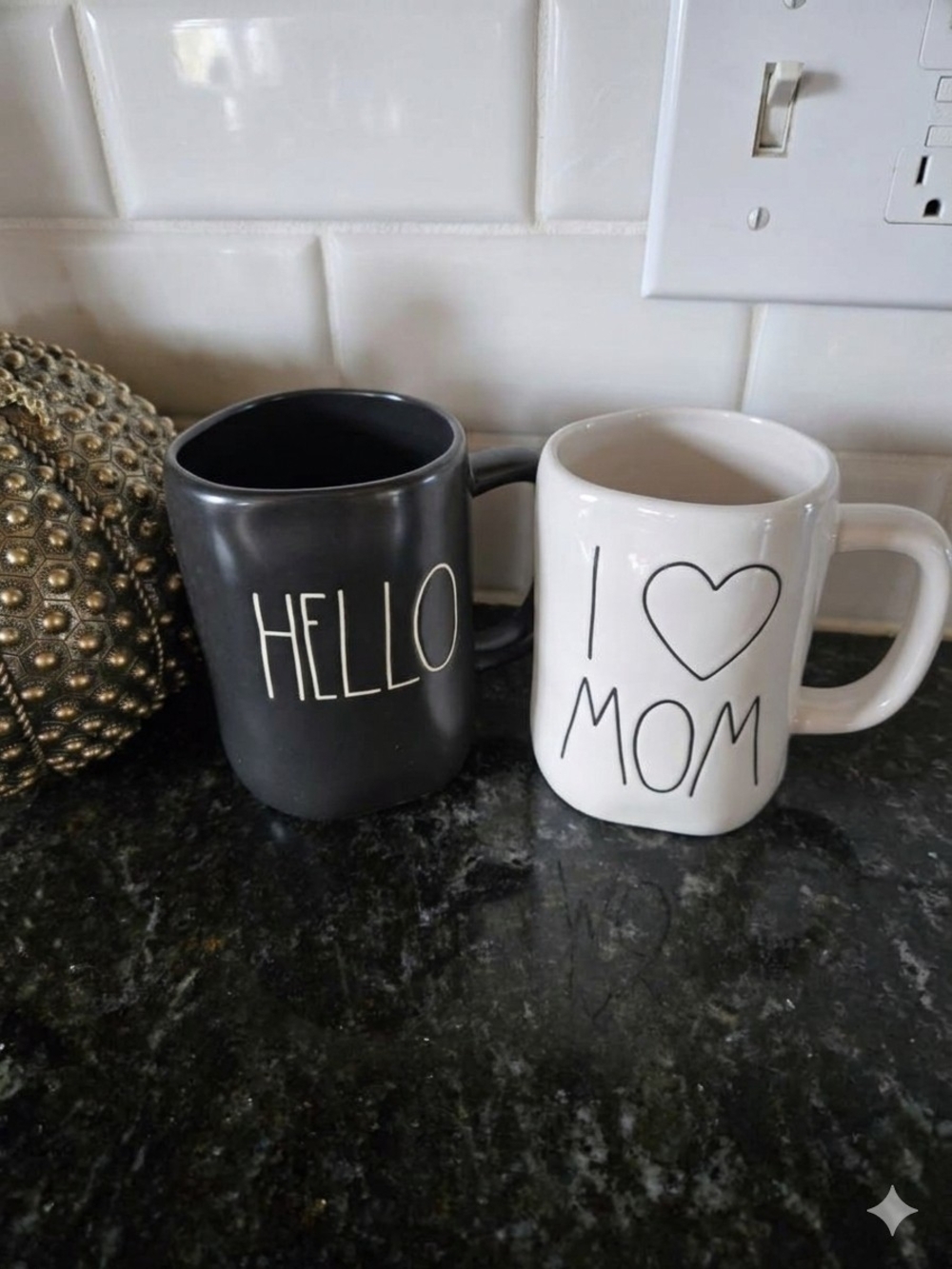Rae Dunn Black and White "HELLO" & "I ♥ MOM" Ceramic Mug Set